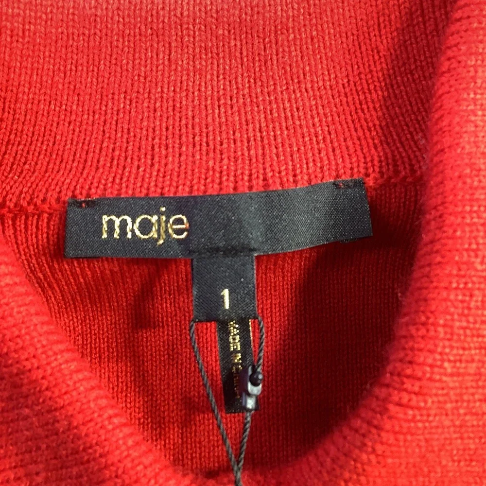 Maje Mizoly Red‎ Wool Blend Embroidered Polo Sweater Gold Buttons Size 1 NWT